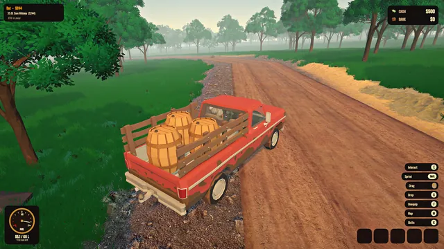 In-game screenshot from an earlier build: a red pickup truck loaded with three barrels drives down a dirt road through green fields.