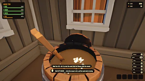 In-game screenshot from an earlier build, first person: stirring the mash tun with the paddle.