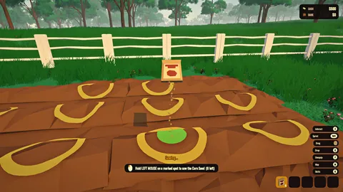 In-game screenshot from an earlier build: sowing corn in a ploughed field.