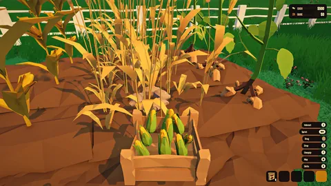 In-game screenshot from an earlier build: a wooden crate of fresh corn sits in the crop rows.
