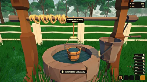 In-game screenshot from an earlier build: a bucket on a rope at the well.