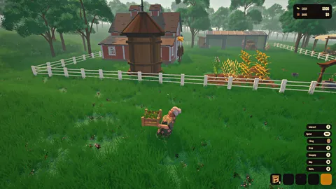 In-game screenshot from an earlier build: a grey-haired farmer carries a wooden crate across the farmyard.