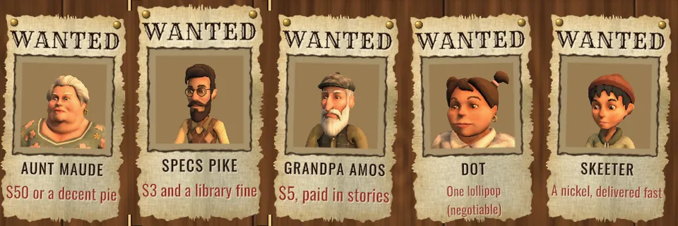 In-game screenshot: the character select, a row of WANTED posters with five bootleggers and their rewards, from Aunt Maude to Skeeter.