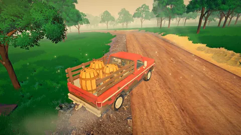 Promo art (not gameplay): a red pickup truck with orange barrels in the bed drives down a dirt road past green trees.