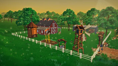 Promo art (not gameplay): a red barn, a wooden water tower and a white fence on a green farm at golden hour.
