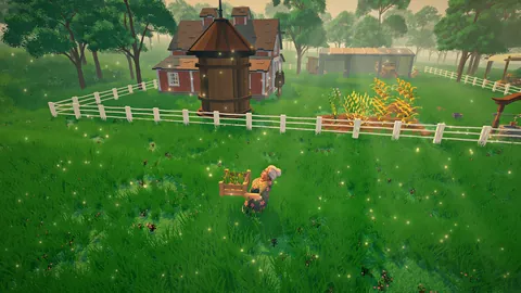 Promo art (not gameplay): a farmer carries a wooden crate across a green field toward a farmhouse.