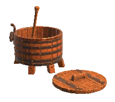 3D model render: the mash tun with a copper rim and a lid wheel.
