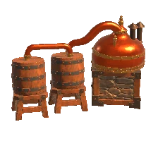 3D model render: the still with a twin condenser, a chimney and two barrels.