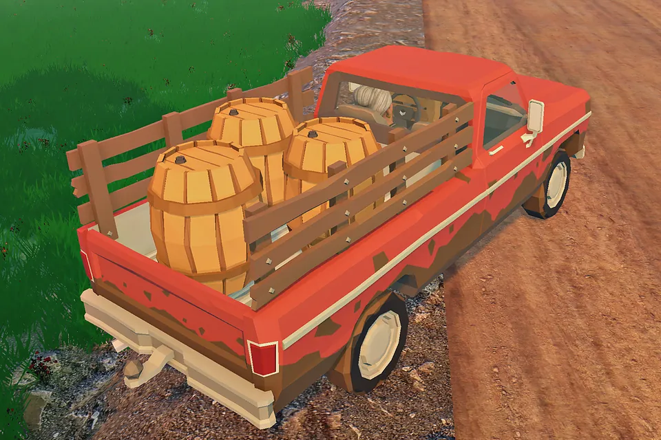 In-game screenshot, close up: three wooden barrels in the bed of a red pickup on a dirt road.