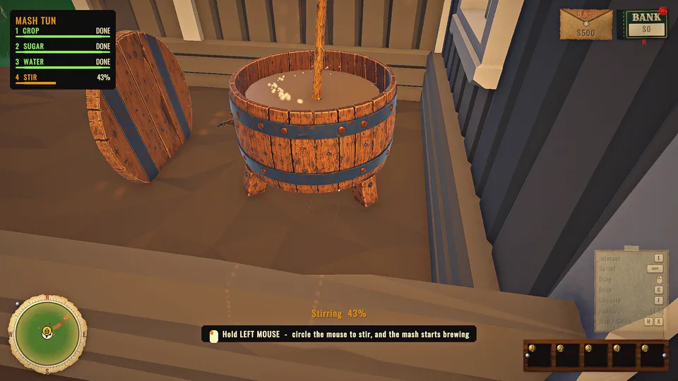 In-game screenshot, first person: stirring the mash in a wooden mash tun with the paddle, the mash tun checklist in the corner.