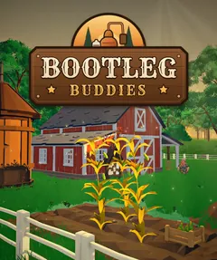 Steam capsule art: the vertical capsule, a cornfield and red barn with the Bootleg Buddies sign.