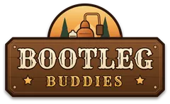 Bootleg Buddies logo: a wooden sign with the name in cream and gold letters under a copper still at sunset.