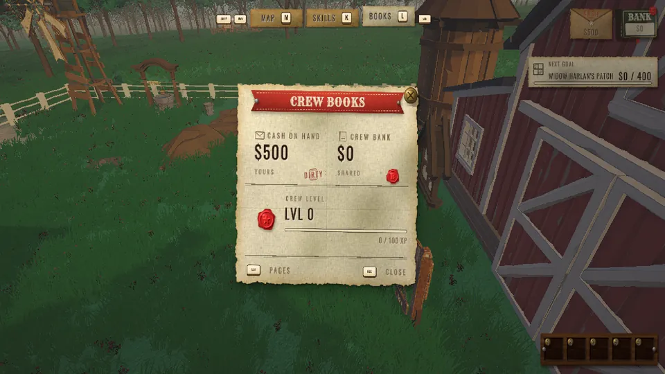 In-game screenshot: the Crew Books card showing the player's Cash, the crew Bank and the crew level.