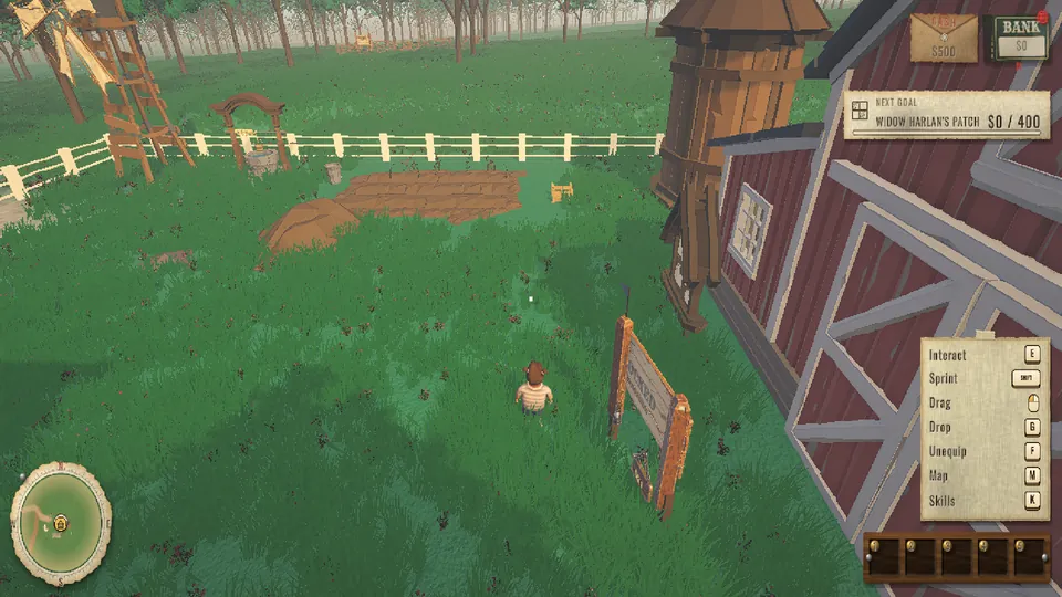 In-game screenshot: on foot at the farm, with the cash envelope, the next goal strip, the key legend and the compass in the corners.
