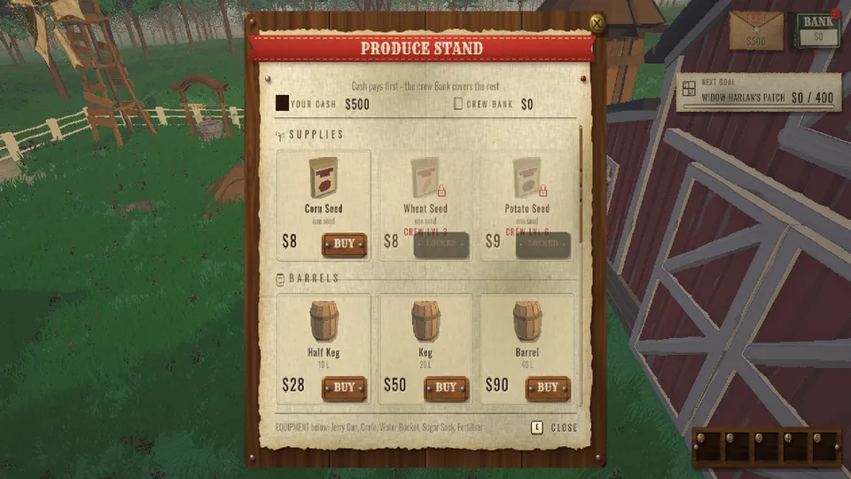 In-game screenshot: the Produce Stand, a paper sheet listing seeds and barrels with prices and Buy buttons.