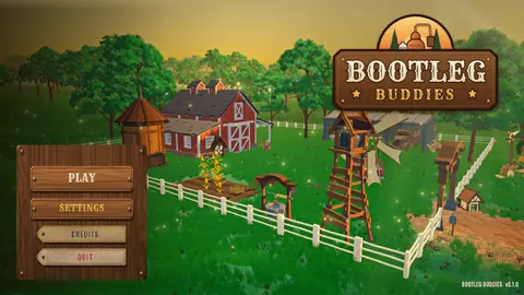 In-game screenshot: the title screen, a farm at golden hour with the Bootleg Buddies sign and wooden Play and Settings buttons.