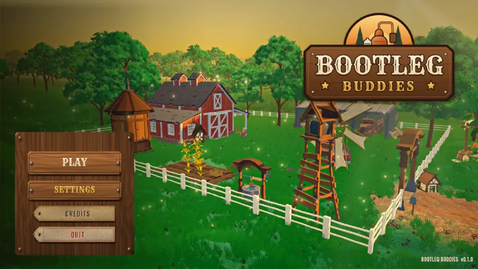 In-game screenshot: the title screen, a farm at golden hour with the Bootleg Buddies sign and wooden Play and Settings buttons.