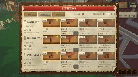 In-game screenshot: the Workshop tab of the letterbox, showing the mash tun, ferment tank and distillery at four levels each, with prices and crew level requirements.